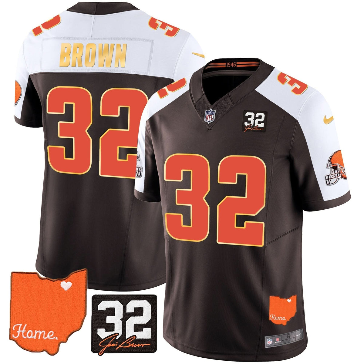 CLE #32 Jim Brown Memorial & Home Patch Gold Trim Jersey