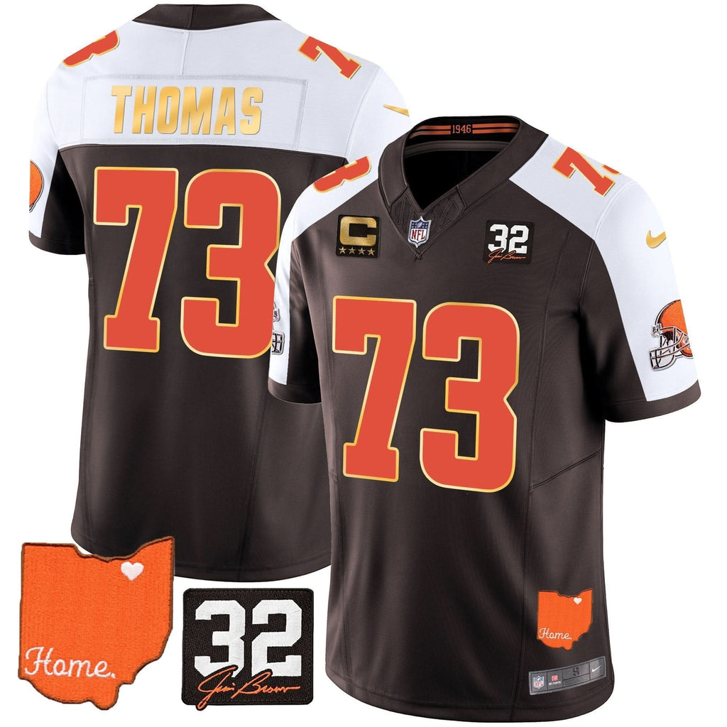 CLE #32 Jim Brown Memorial & Home Patch Gold Trim Jersey