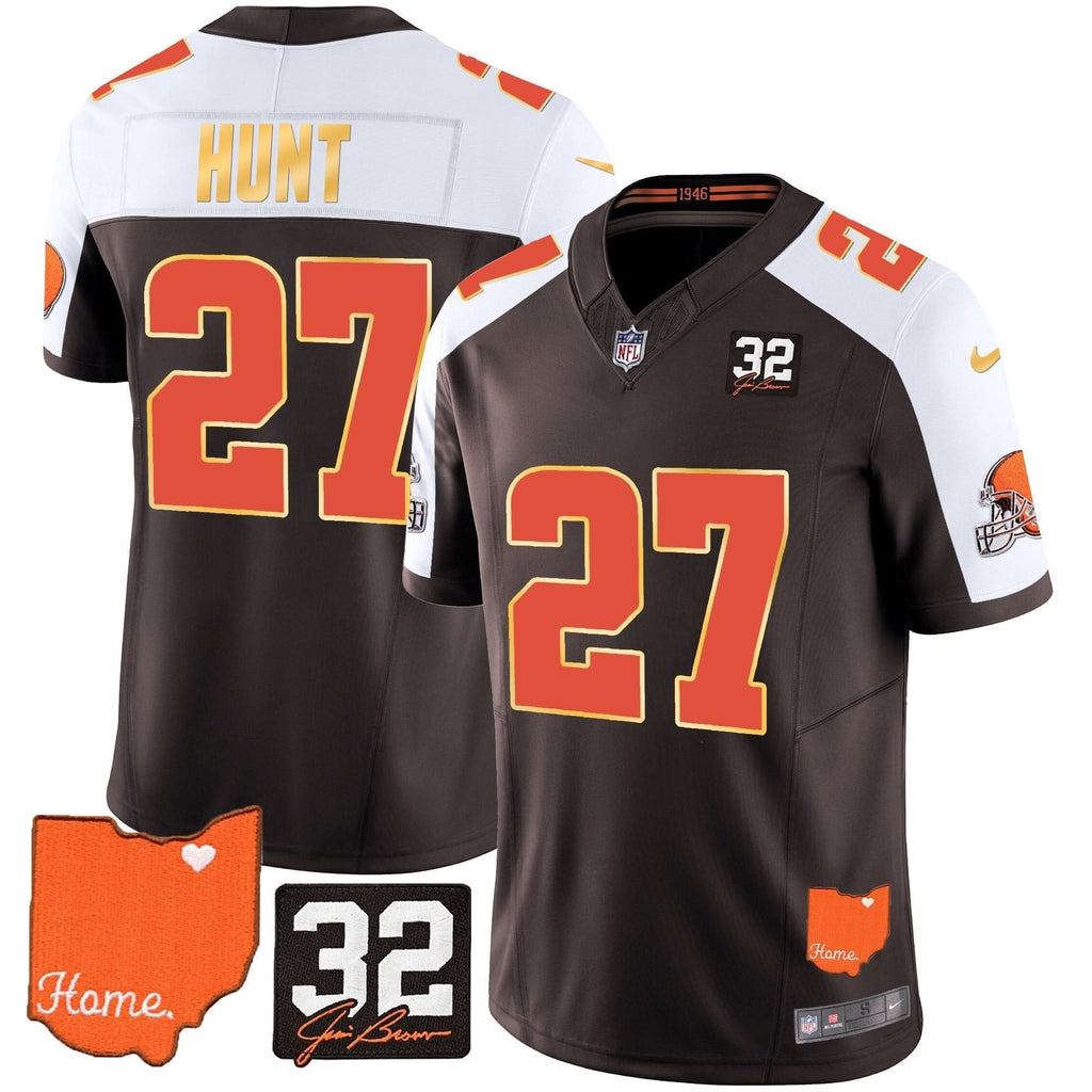 CLE #32 Jim Brown Memorial & Home Patch Gold Trim Jersey