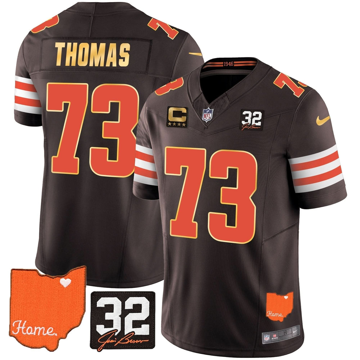 CLE #32 Jim Brown Memorial & Home Patch Gold Trim Jersey