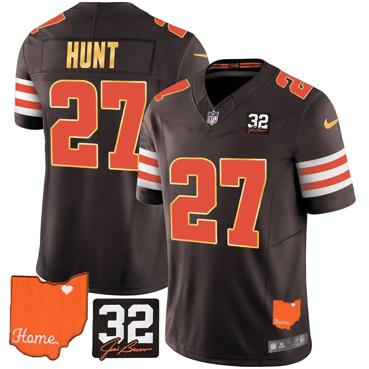 CLE #32 Jim Brown Memorial & Home Patch Gold Trim Jersey
