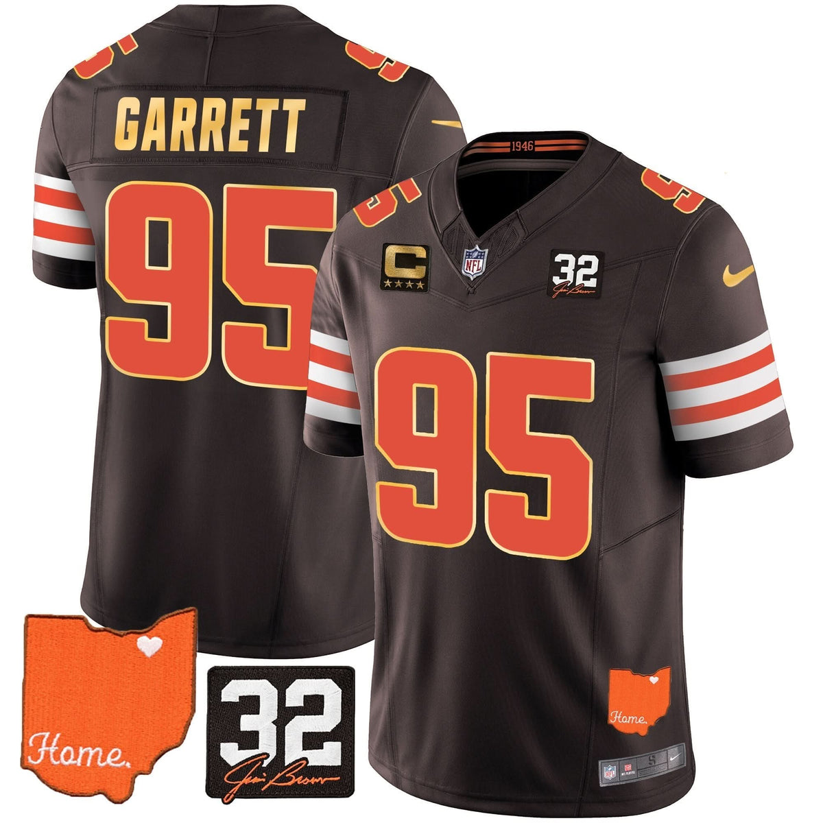 CLE #32 Jim Brown Memorial & Home Patch Gold Trim Jersey