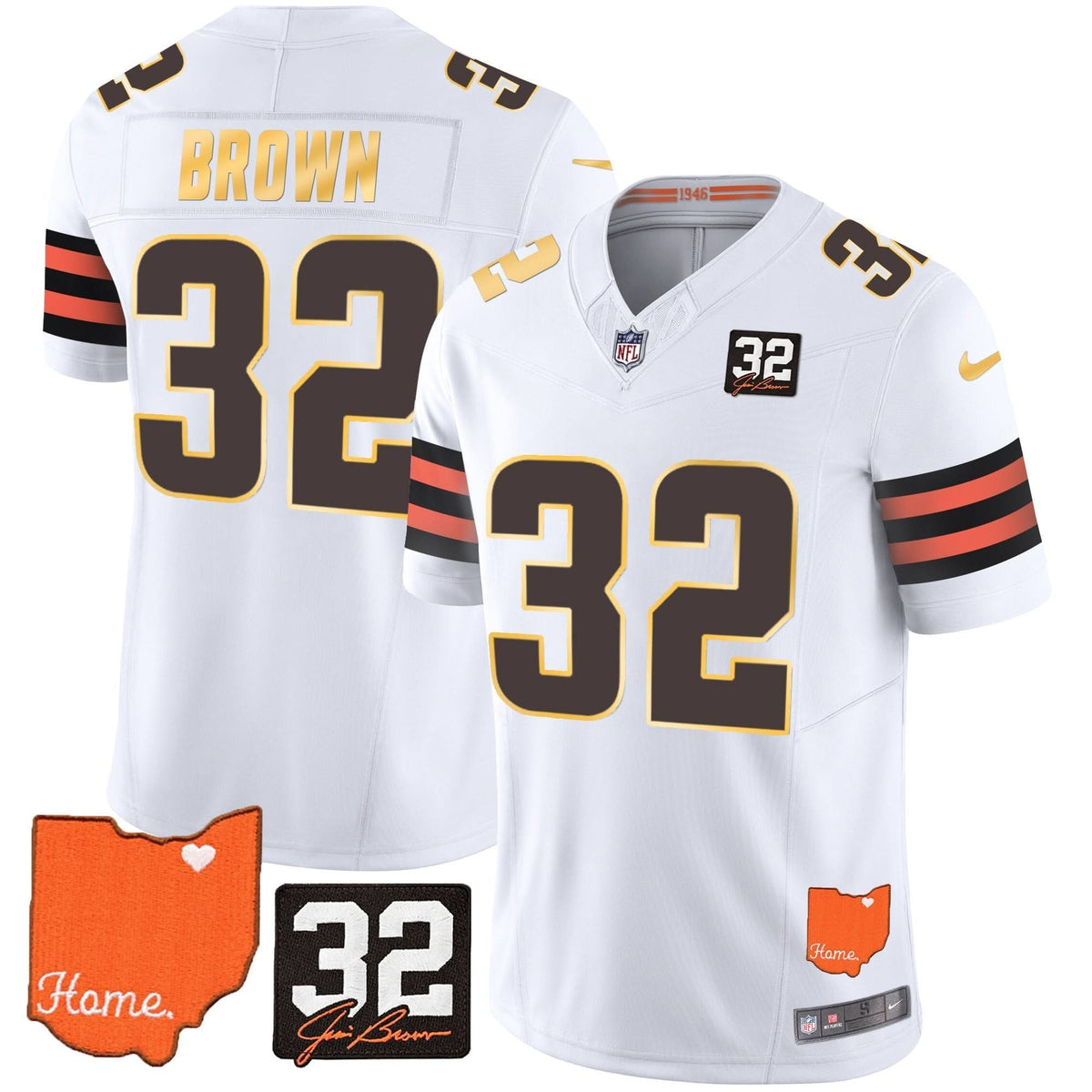CLE #32 Jim Brown Memorial & Home Patch Gold Trim Jersey