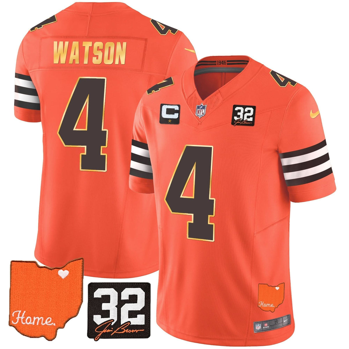 CLE #32 Jim Brown Memorial & Home Patch Gold Trim Jersey