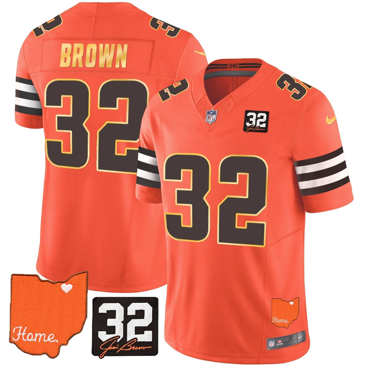 CLE #32 Jim Brown Memorial & Home Patch Gold Trim Jersey