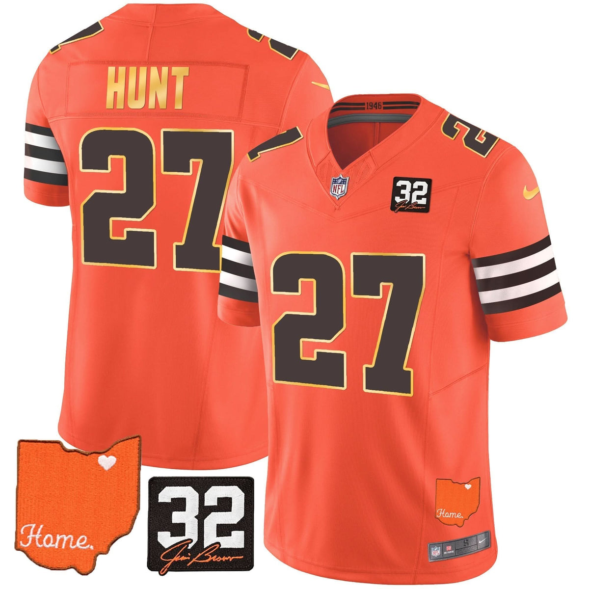 CLE #32 Jim Brown Memorial & Home Patch Gold Trim Jersey