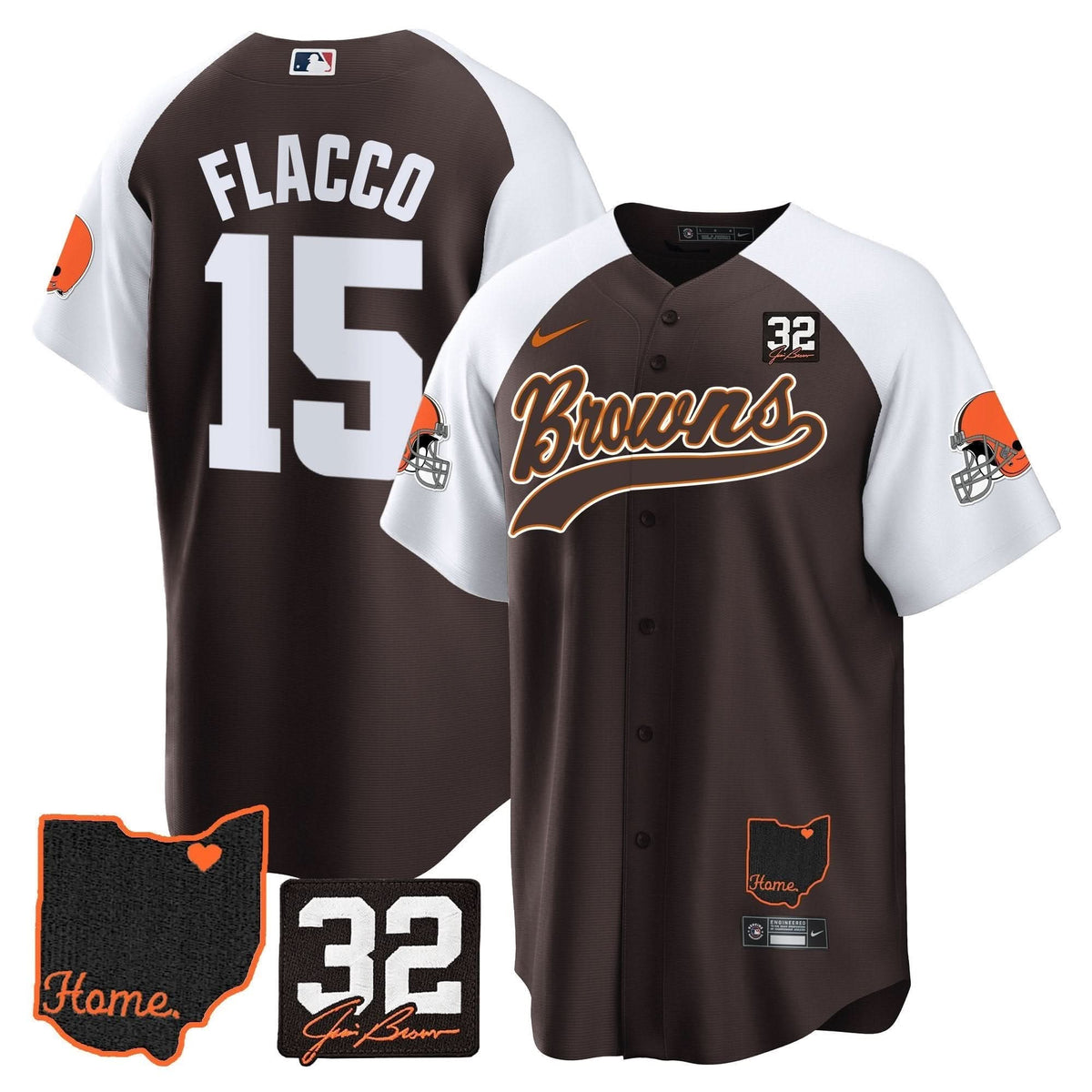 CLE #32 Jim Brown Memorial & Home Patch Baseball Jersey V2 - All Stitched