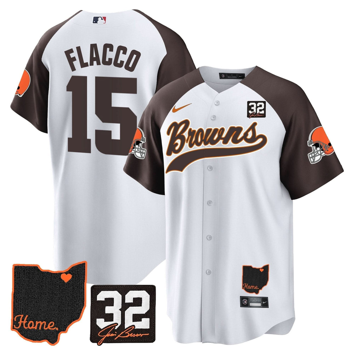 CLE #32 Jim Brown Memorial & Home Patch Baseball Jersey V2 - All Stitched