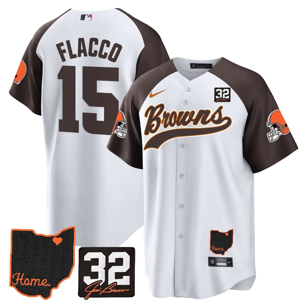 CLE #32 Jim Brown Memorial & Home Patch Baseball Jersey V2 - All Stitched