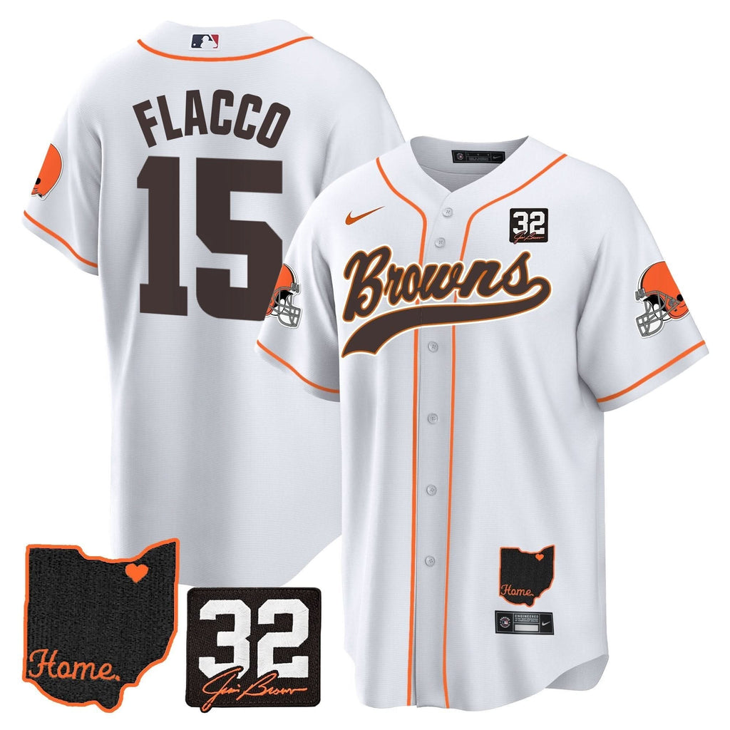CLE #32 Jim Brown Memorial & Home Patch Baseball Jersey V2 - All Stitched
