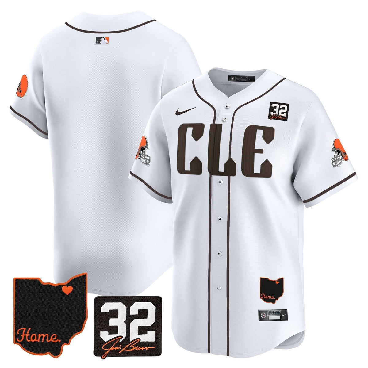 CLE #32 Jim Brown Memorial & Home Patch Vapor Premier Limited Baseball Jersey - All Stitched
