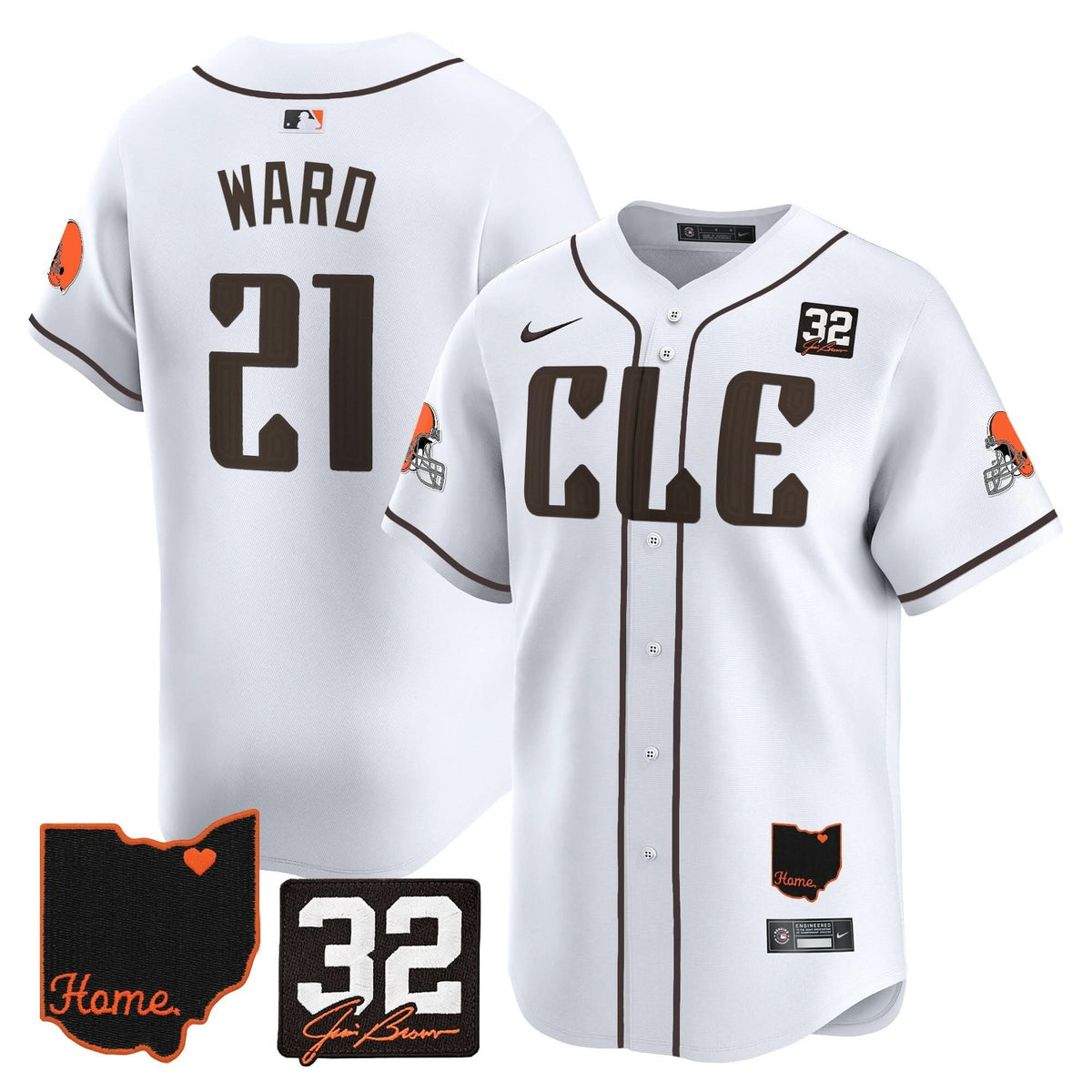 CLE #32 Jim Brown Memorial & Home Patch Vapor Premier Limited Baseball Jersey - All Stitched