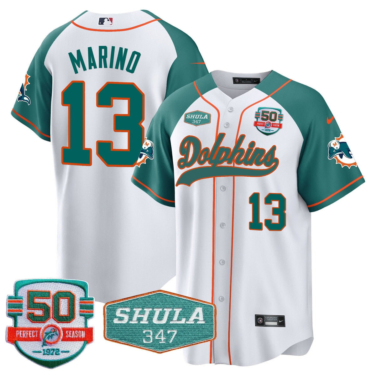 MIA 50th & Don Shula 347 Memorial Patch Baseball Jersey - All Stitched