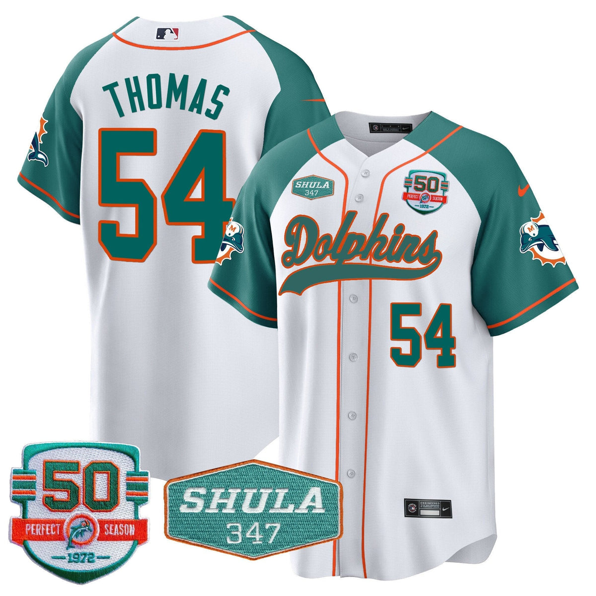 MIA 50th & Don Shula 347 Memorial Patch Baseball Jersey - All Stitched