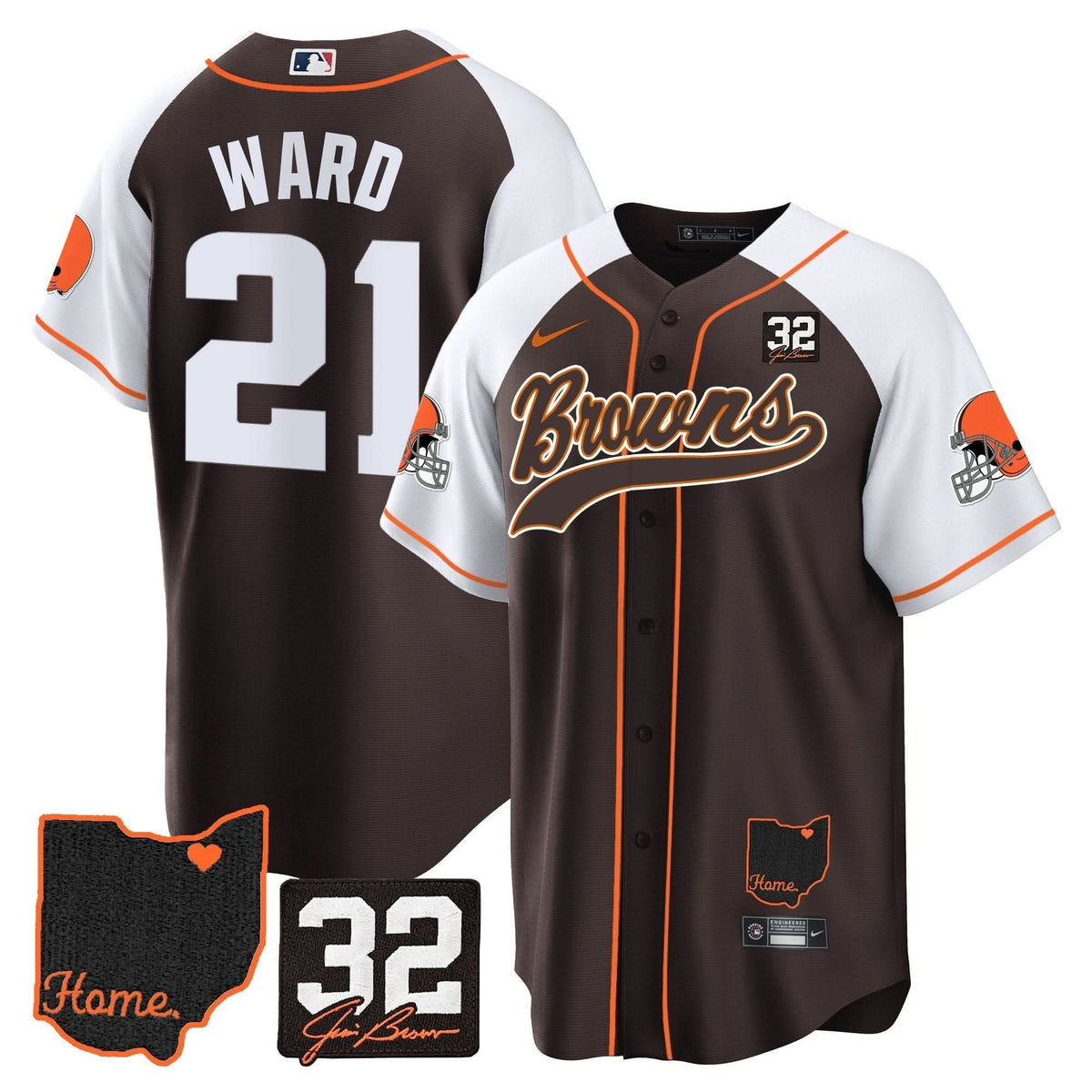 CLE #32 Jim Brown Memorial & Home Patch Baseball Jersey V2 - All Stitched