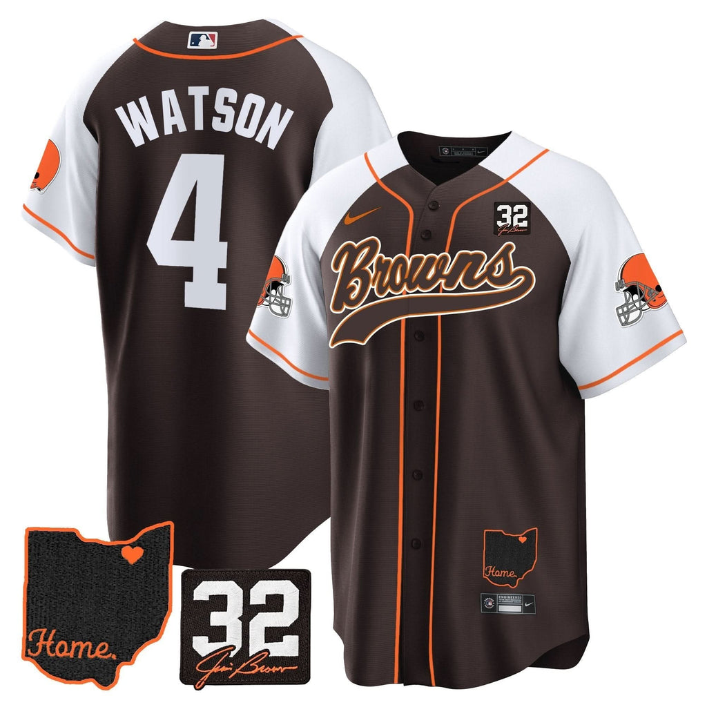 CLE #32 Jim Brown Memorial & Home Patch Baseball Jersey V2 - All Stitched