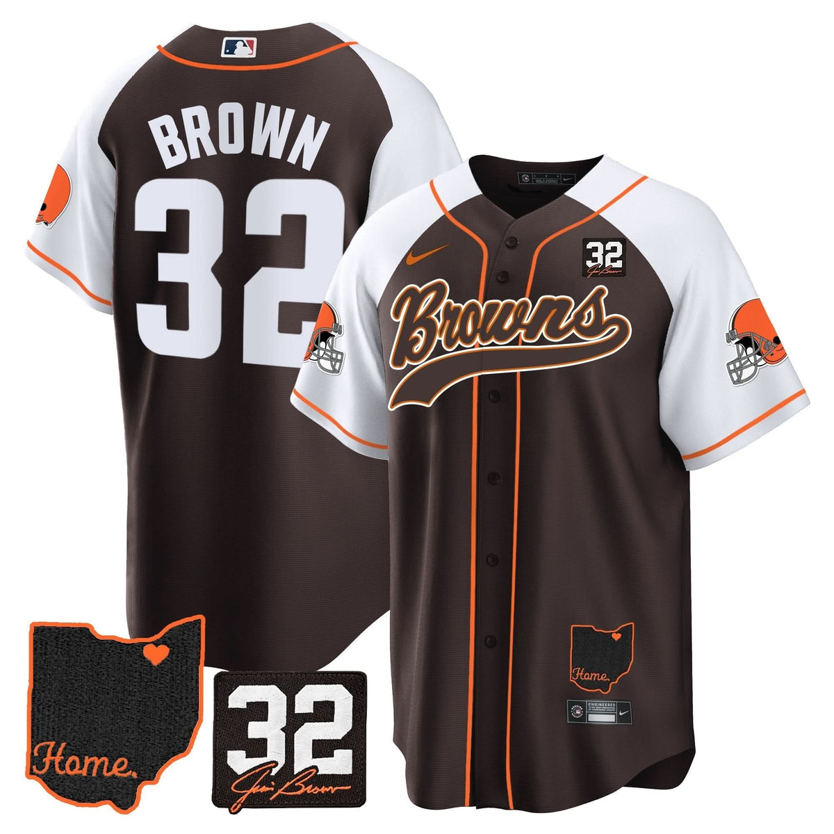 CLE #32 Jim Brown Memorial & Home Patch Baseball Jersey V2