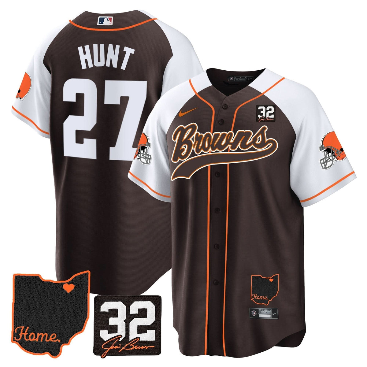 CLE #32 Jim Brown Memorial & Home Patch Baseball Jersey V2