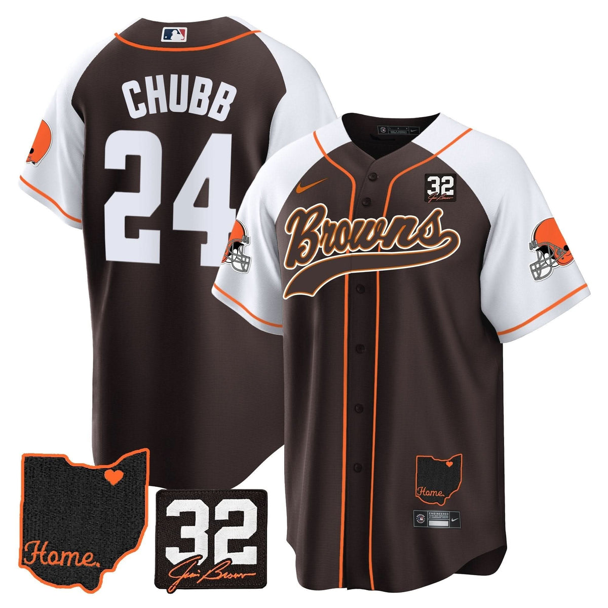 CLE #32 Jim Brown Memorial & Home Patch Baseball Jersey V2 - All Stitched