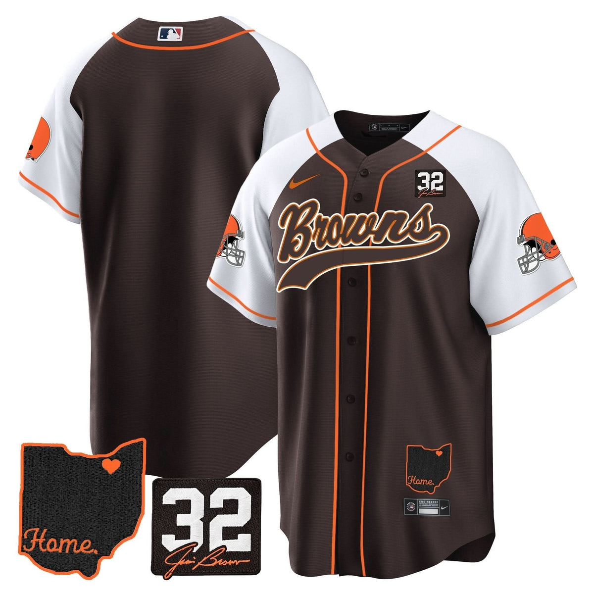CLE #32 Jim Brown Memorial & Home Patch Baseball Jersey V2 - All Stitched