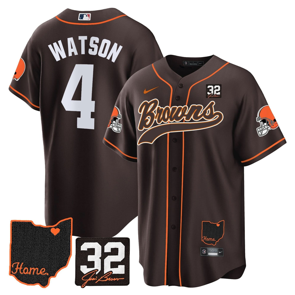 CLE #32 Jim Brown Memorial & Home Patch Baseball Jersey V2