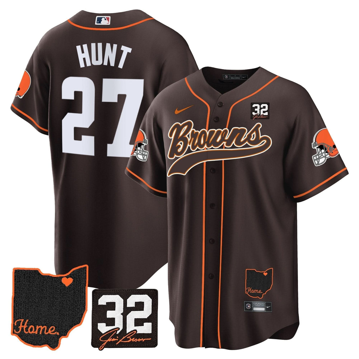 CLE #32 Jim Brown Memorial & Home Patch Baseball Jersey V2 - All Stitched