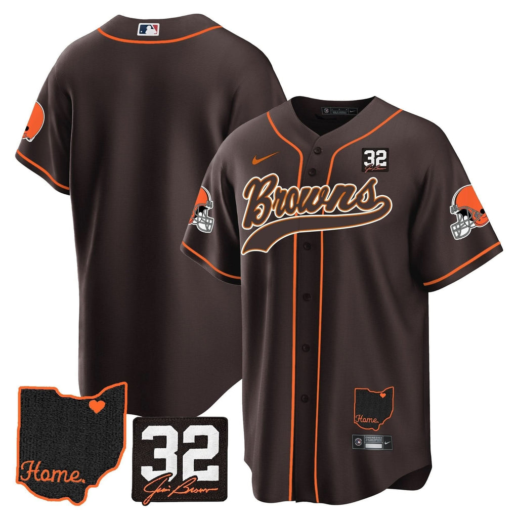 CLE #32 Jim Brown Memorial & Home Patch Baseball Jersey V2 - All Stitched
