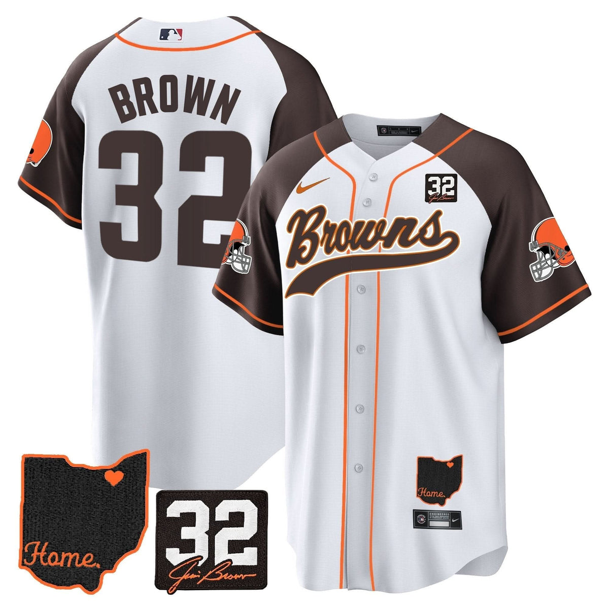 CLE #32 Jim Brown Memorial & Home Patch Baseball Jersey V2 - All Stitched
