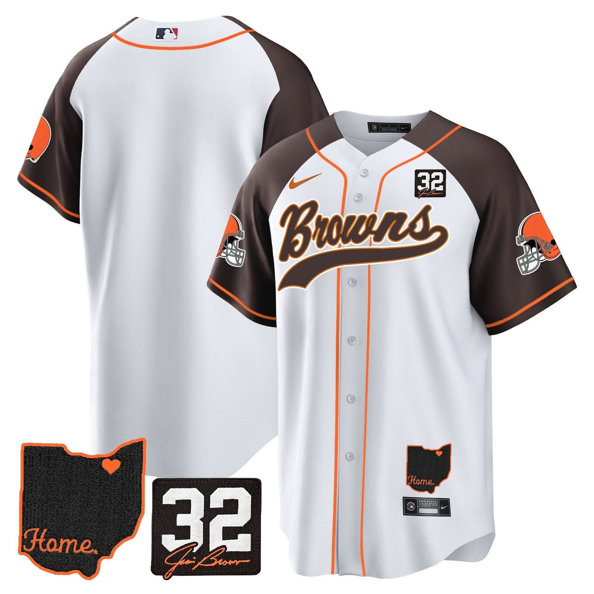 CLE #32 Jim Brown Memorial & Home Patch Baseball Jersey V2
