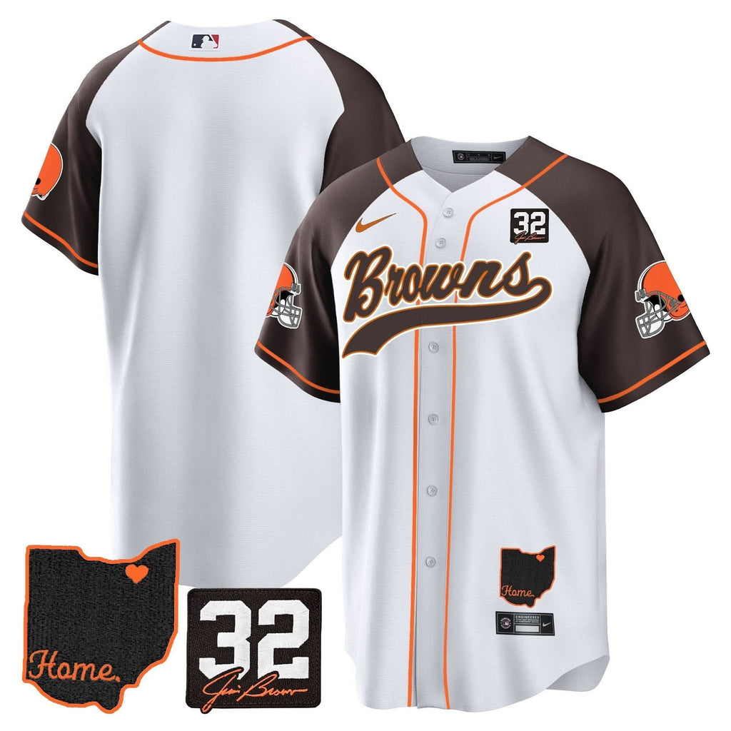 CLE #32 Jim Brown Memorial & Home Patch Baseball Jersey V2 - All Stitched