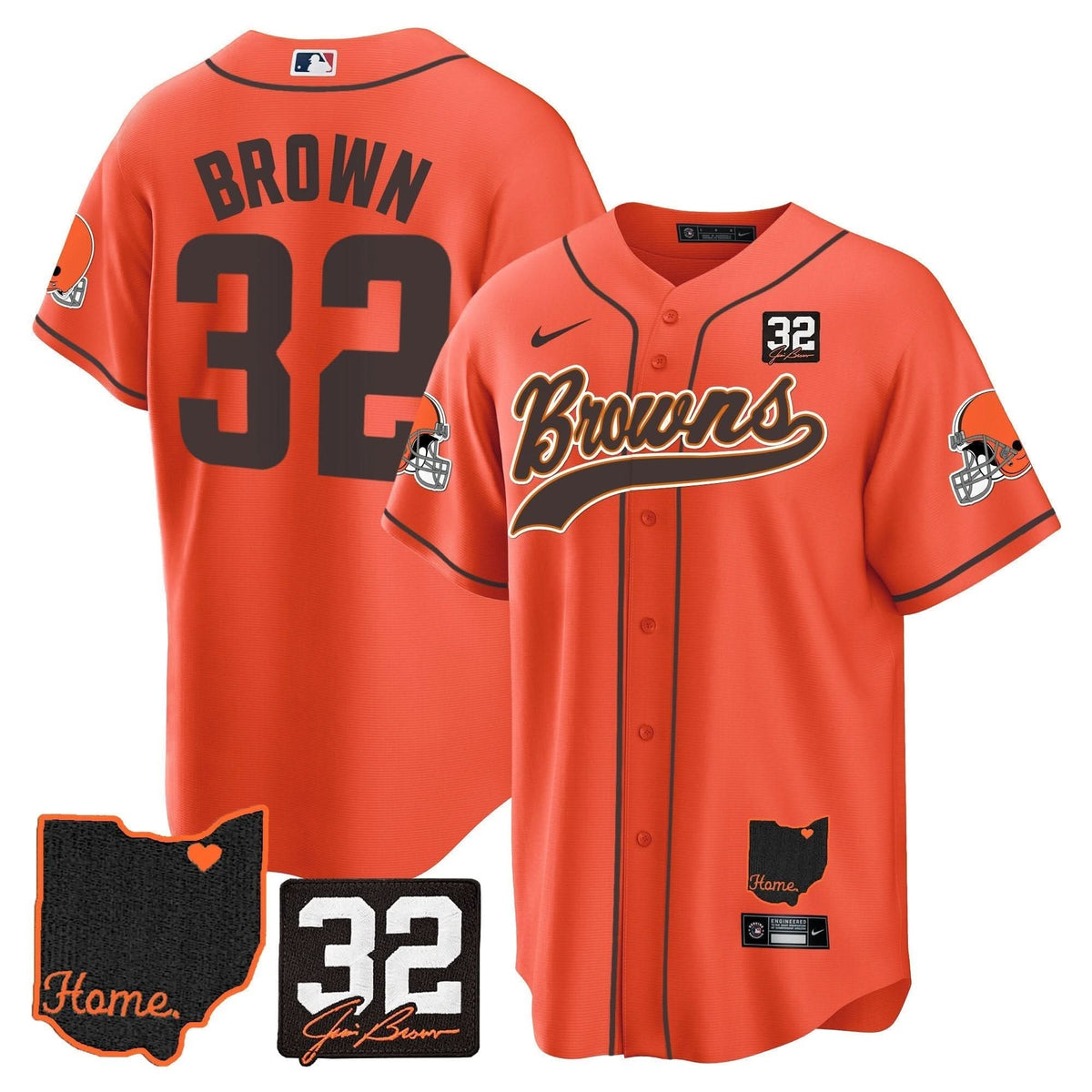 CLE #32 Jim Brown Memorial & Home Patch Baseball Jersey V2 - All Stitched