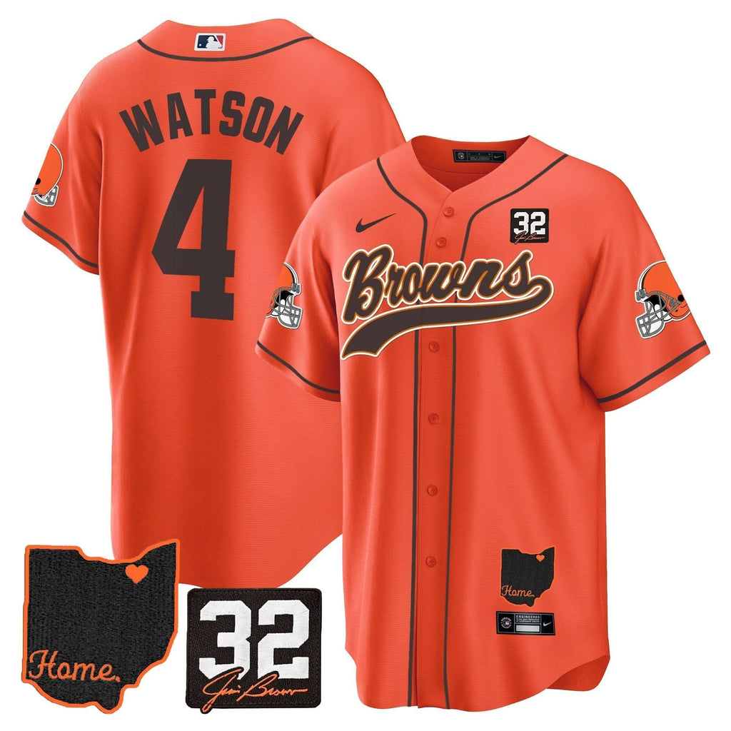 CLE #32 Jim Brown Memorial & Home Patch Baseball Jersey V2 - All Stitched