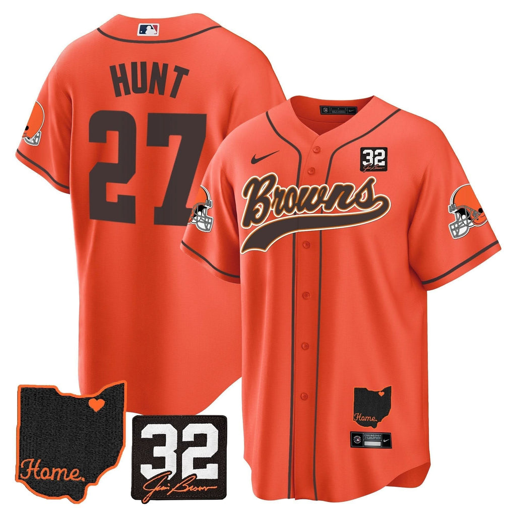 CLE #32 Jim Brown Memorial & Home Patch Baseball Jersey V2 - All Stitched