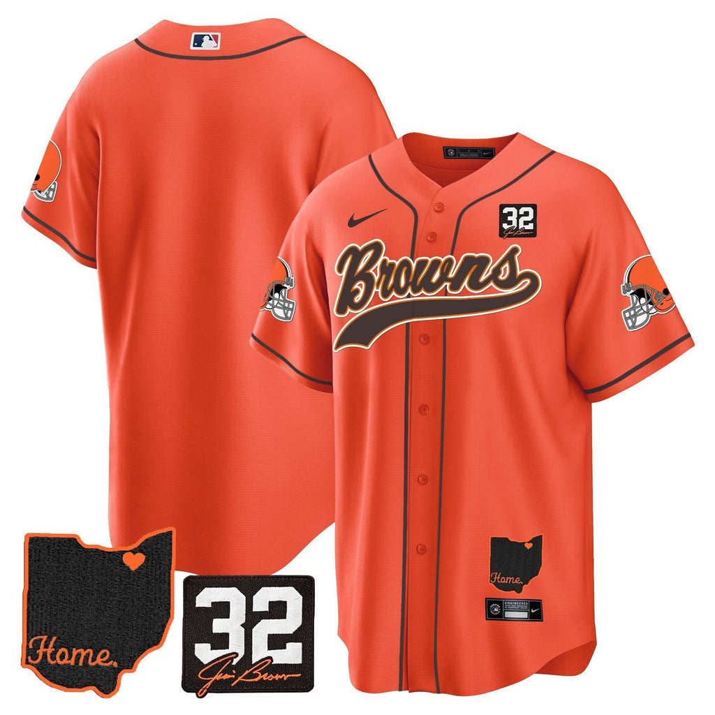 CLE #32 Jim Brown Memorial & Home Patch Baseball Jersey V2