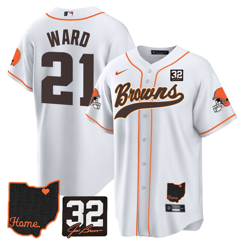 CLE #32 Jim Brown Memorial & Home Patch Baseball Jersey V2 - All Stitched