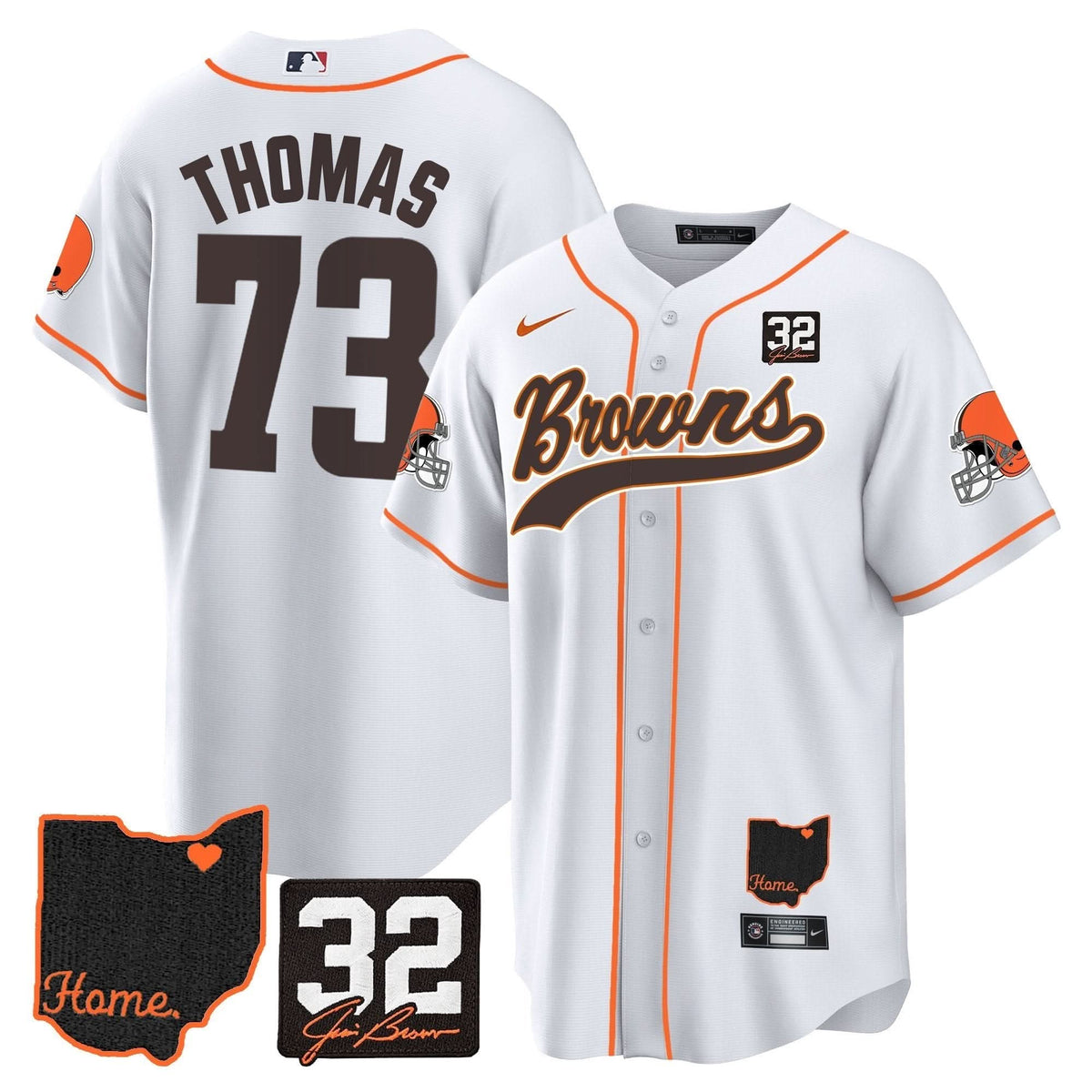 CLE #32 Jim Brown Memorial & Home Patch Baseball Jersey V2 - All Stitched
