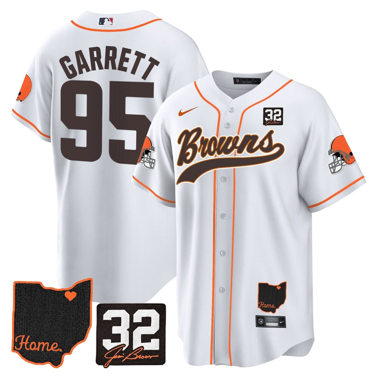 CLE #32 Jim Brown Memorial & Home Patch Baseball Jersey V2 - All Stitched